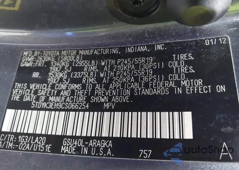 2012 Toyota Highlander Limited V6 from USA, damaged, VIN 5TDYK3EH9CS066254